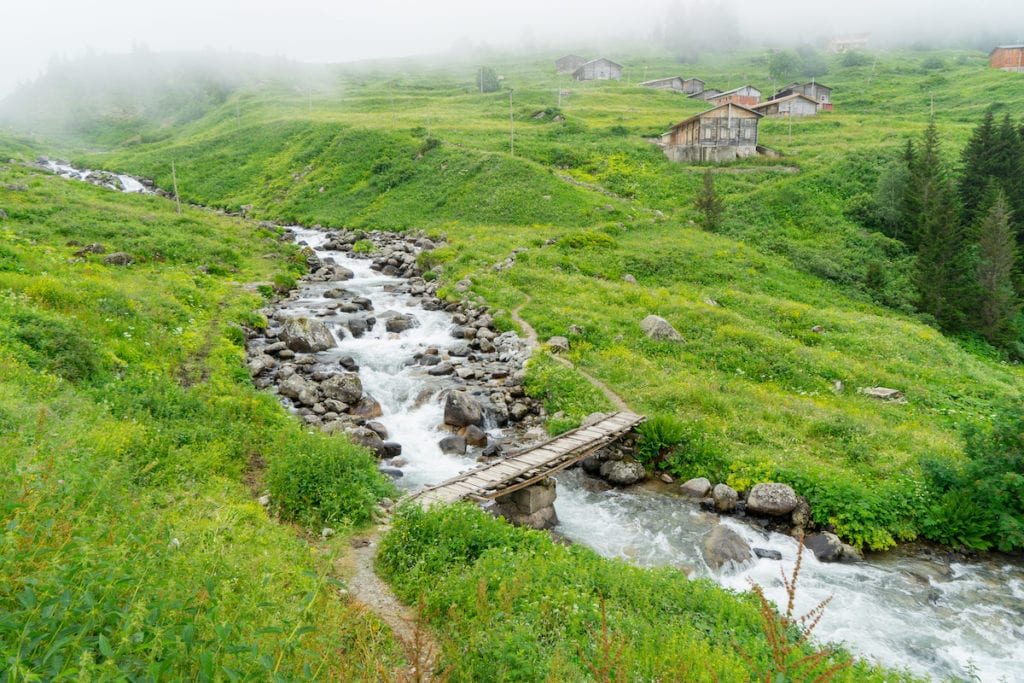 Ein Bach fließt durch ein grünes Tal mit einer Holzbrücke und bietet Abenteurern einen malerischen Ort, um die malerische Schönheit von Rize zu erkunden.