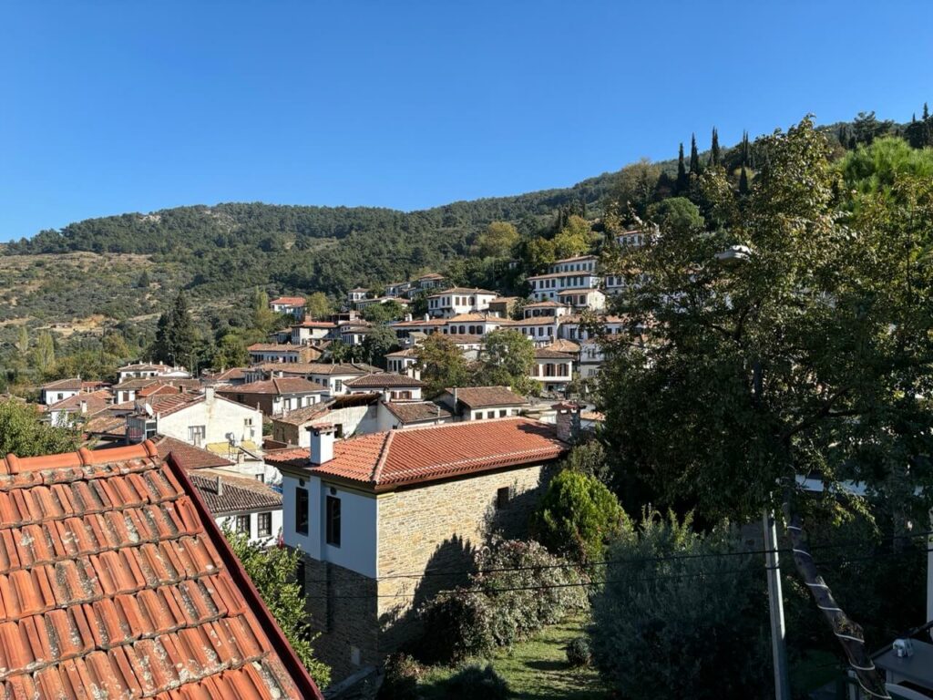 Ein Hangsiedlung in der Türkei, Sirince, mit weißen Häusern und roten Ziegeldächern ist von Bäumen und viel Grün umgeben unter dem klaren, blauen Himmel entlang.